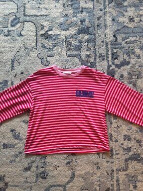 Zara Pink Red Striped NYC Graphic Long Sleeve Top S